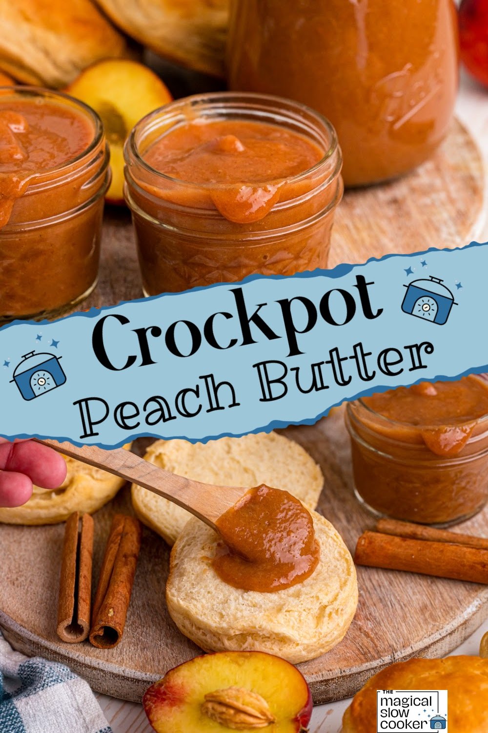 Two images of peach butter with title text overlay.