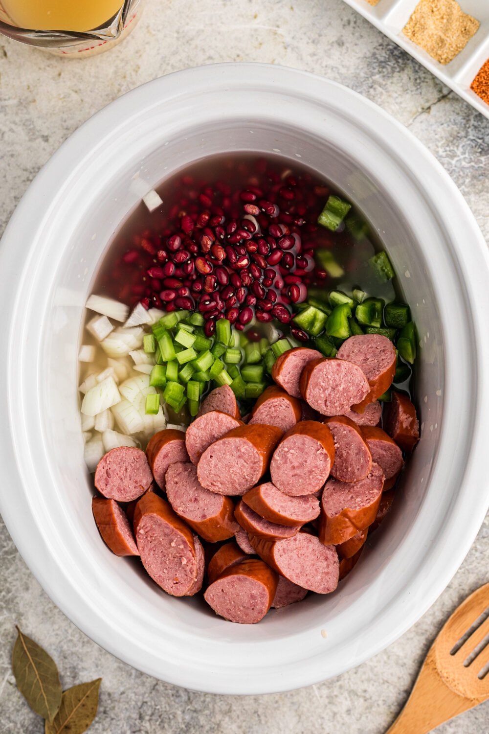 sausage. veggies and red beans in slow cooker.