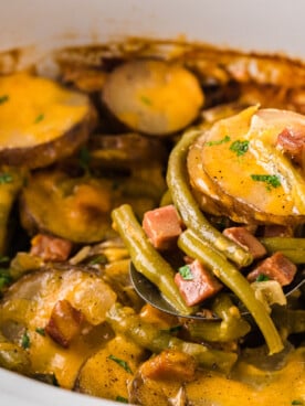 A ham dinner meal in a crockpot with a ladle scooping some out.
