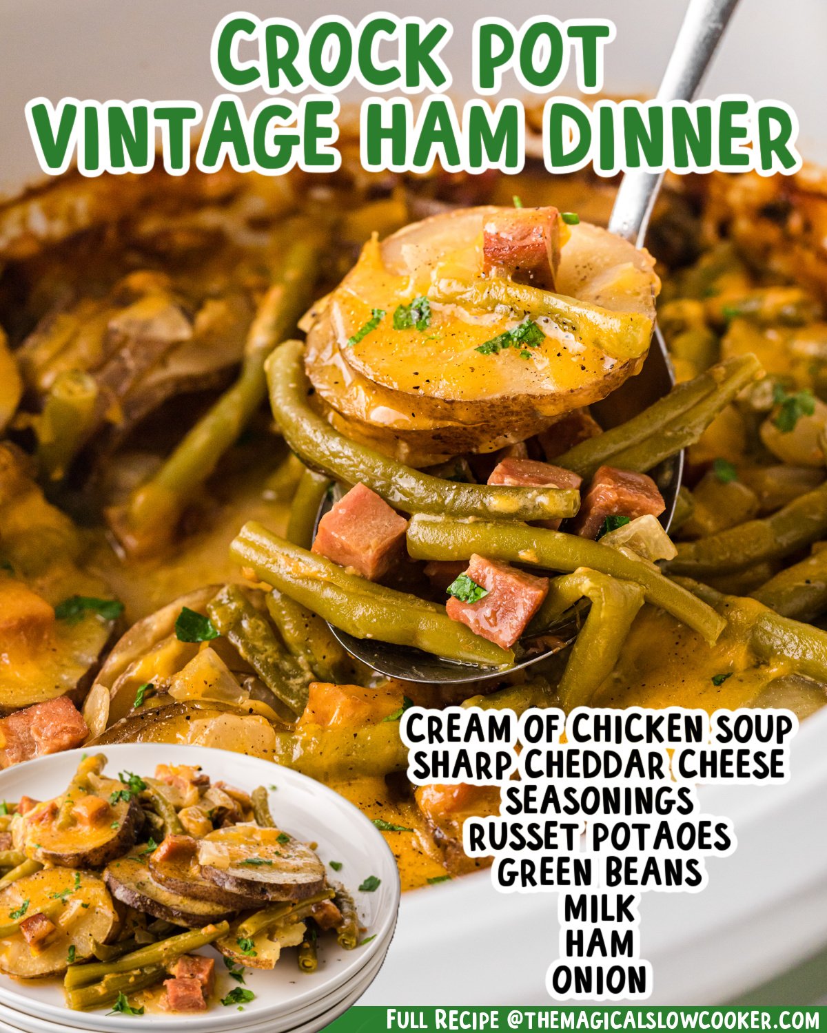 Two images of vintage dinner with text list of ingredients.