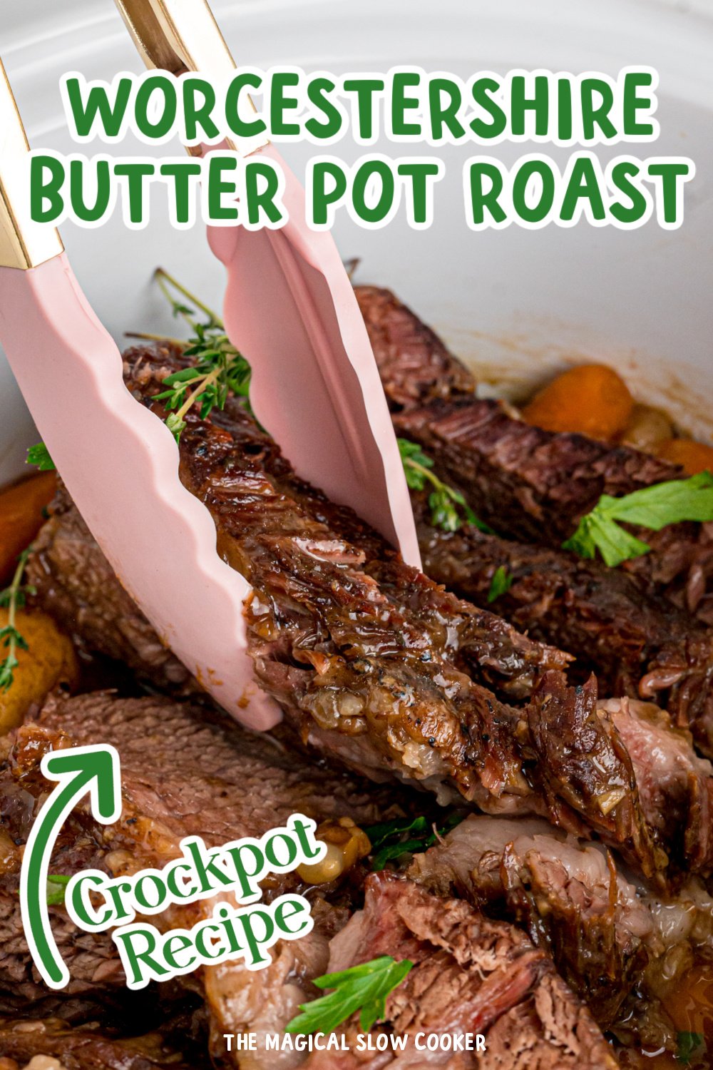 Long image of Worcestershire pot roast with text overlay.