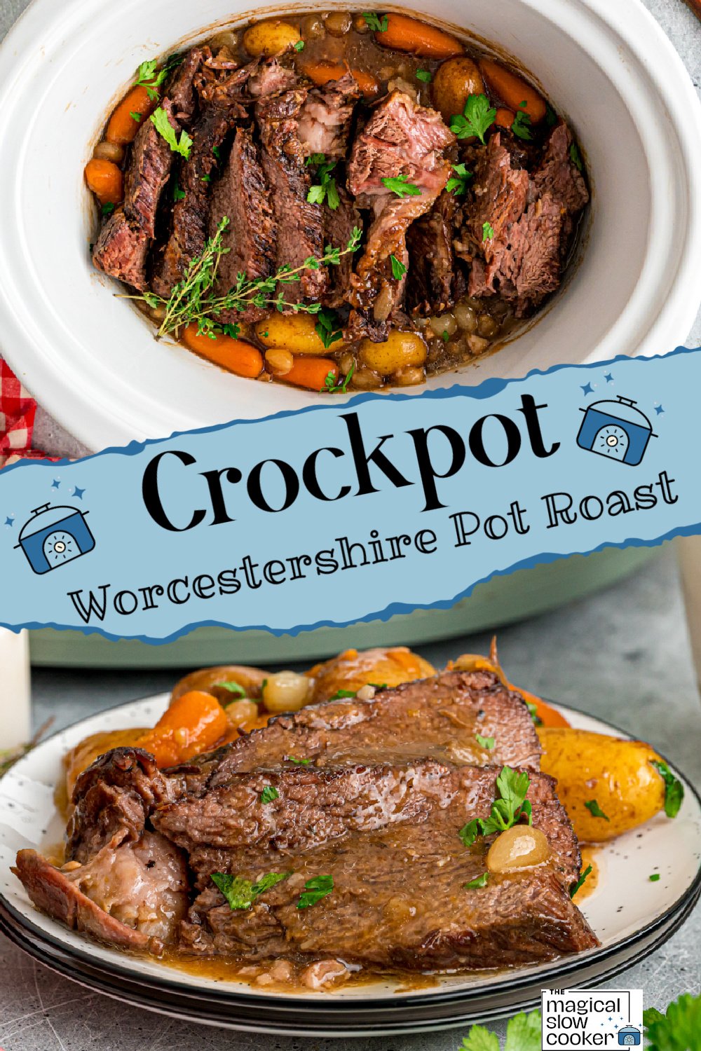 Two images of Worcestershire butter pot roast with title text overlay.