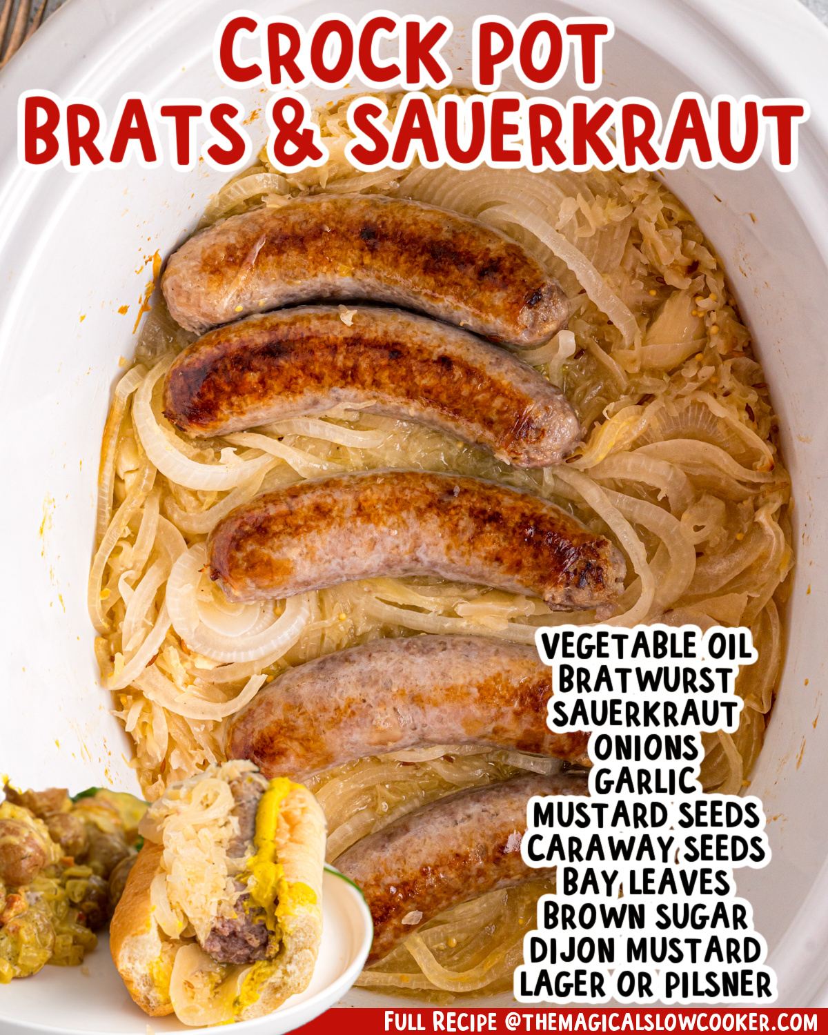 Two images of bratwurst and sauerkraut with text list of ingredients.