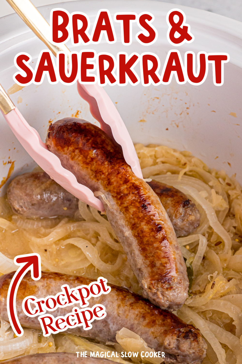 A long image of a bratwurst being taken from a crockpot with tongs.