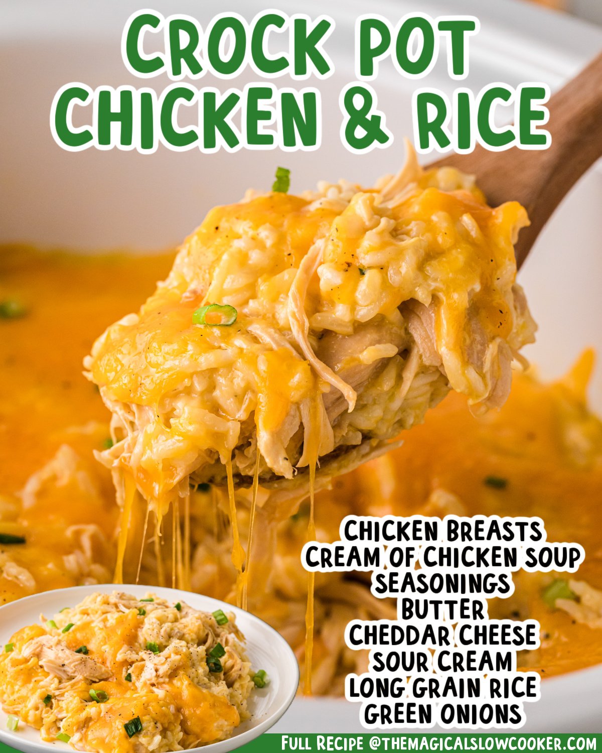 Two images of chicken and rice with text list of ingredients.