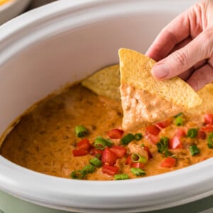 A hand holding a dip-covered tortilla chip over a crockpot of dip.