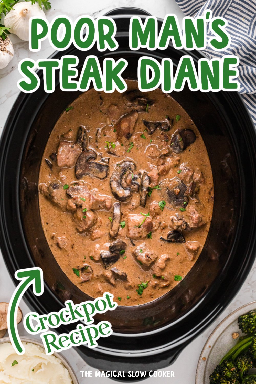 Long image of steak diane in a crockpot with text overlay.