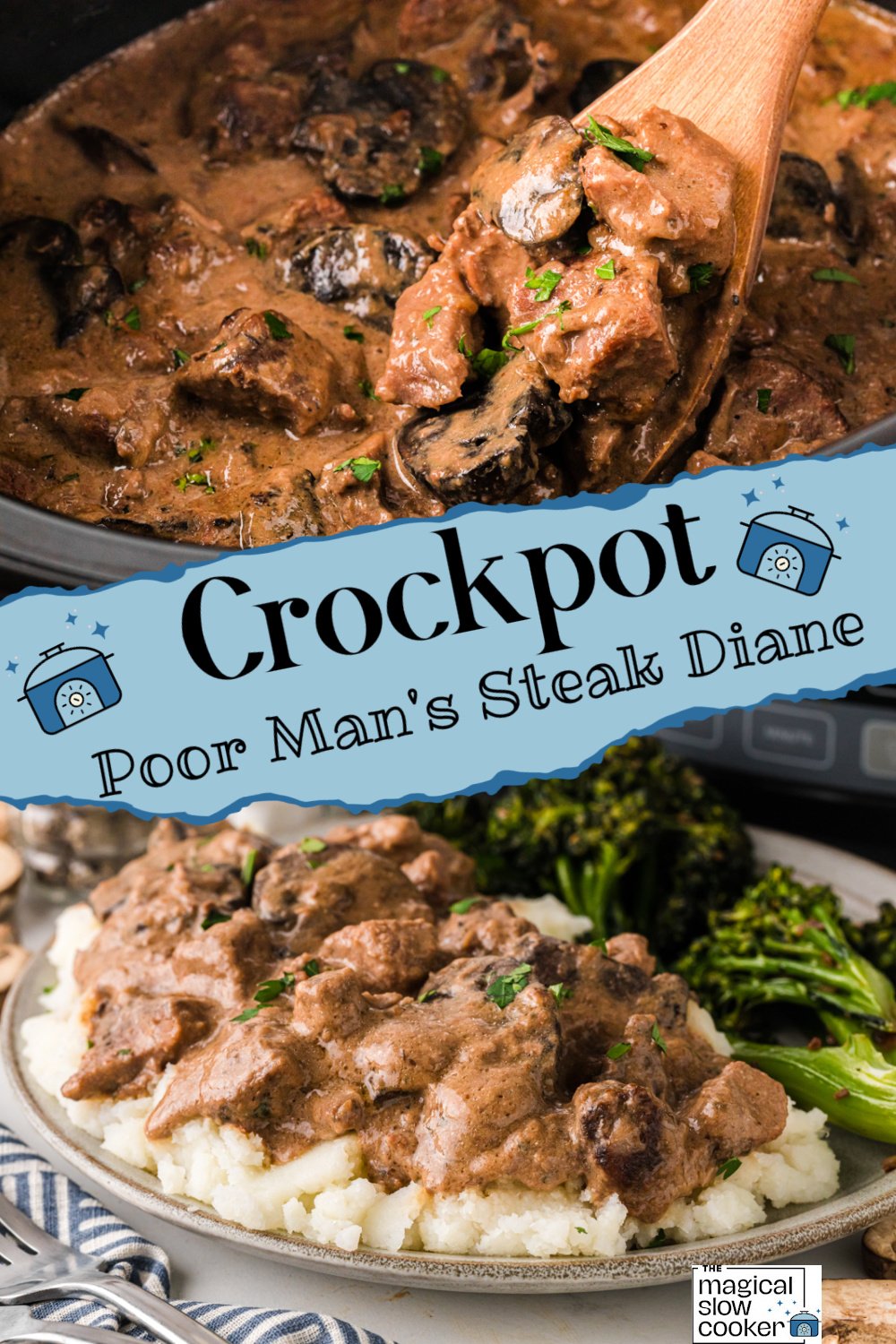 Two images of poor man's steak diane with title text overlay.