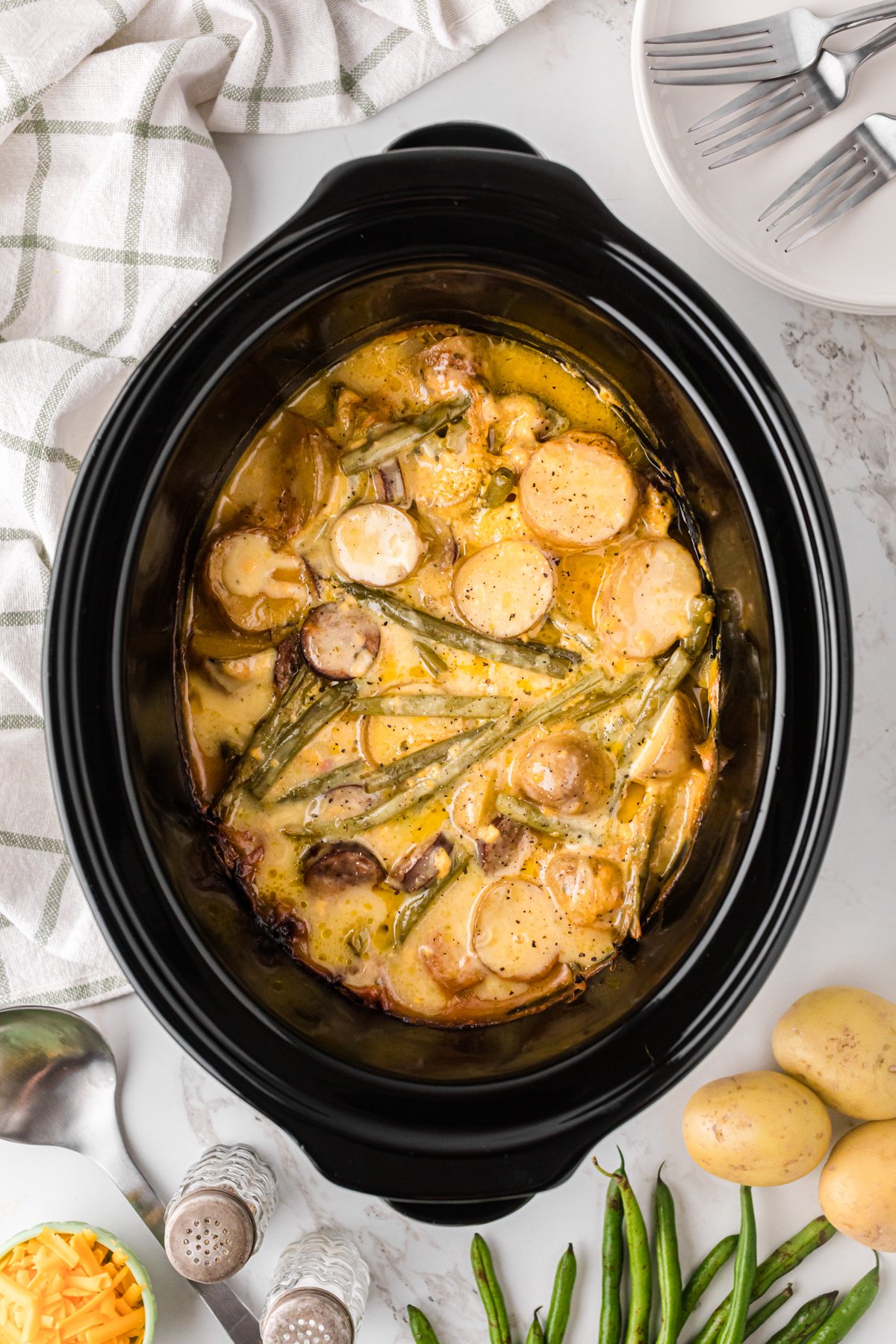 Swamp potatoes in a crockpot after cooking.