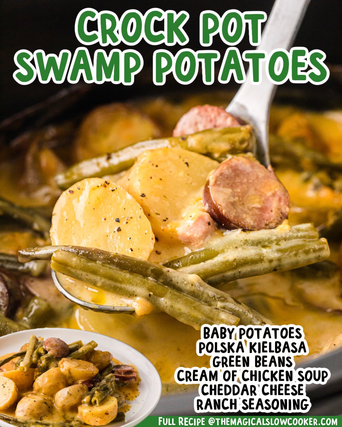 Two images of swamp potatoes with text list of ingredients.