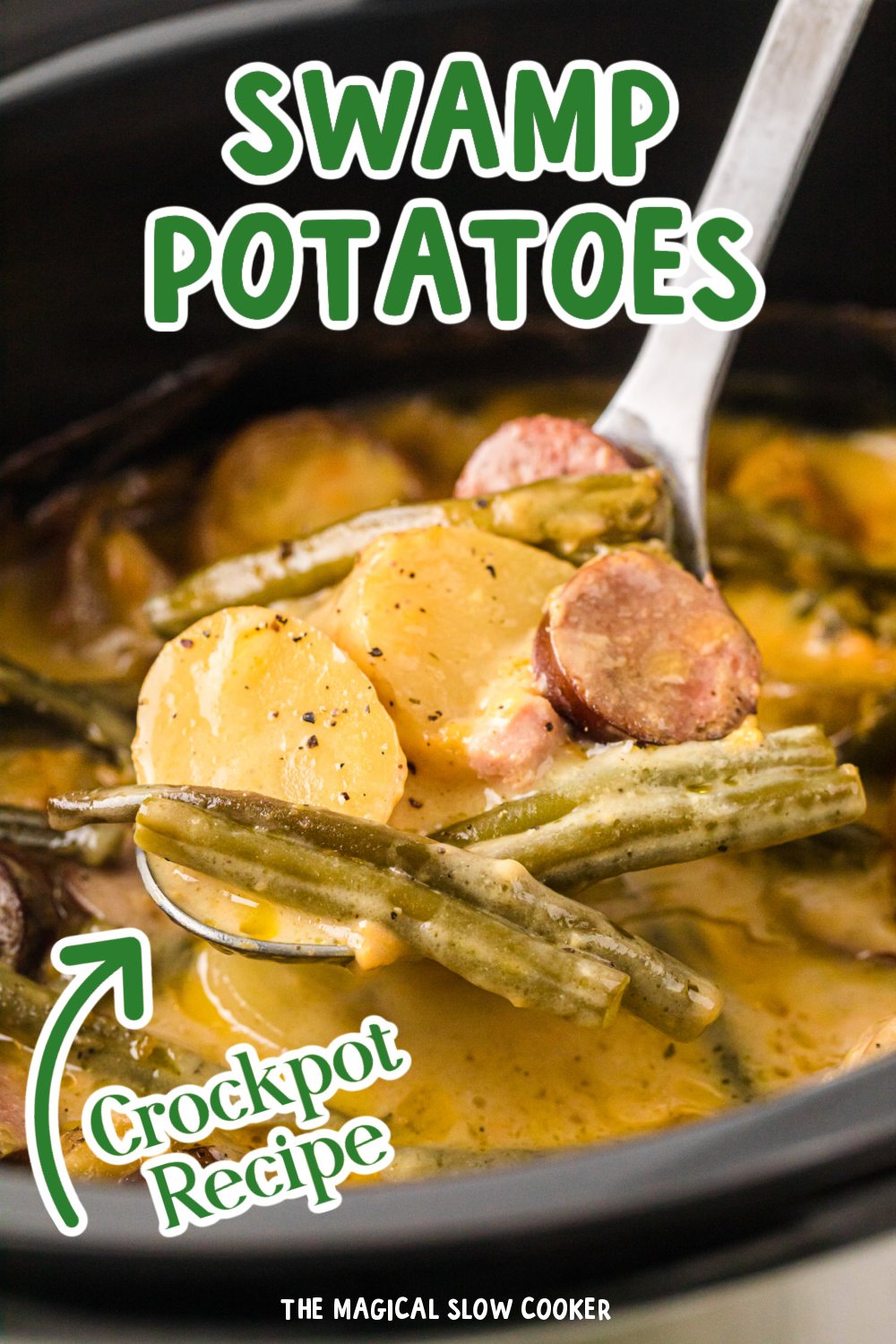 Long image of swamp potatoes with text overlay.