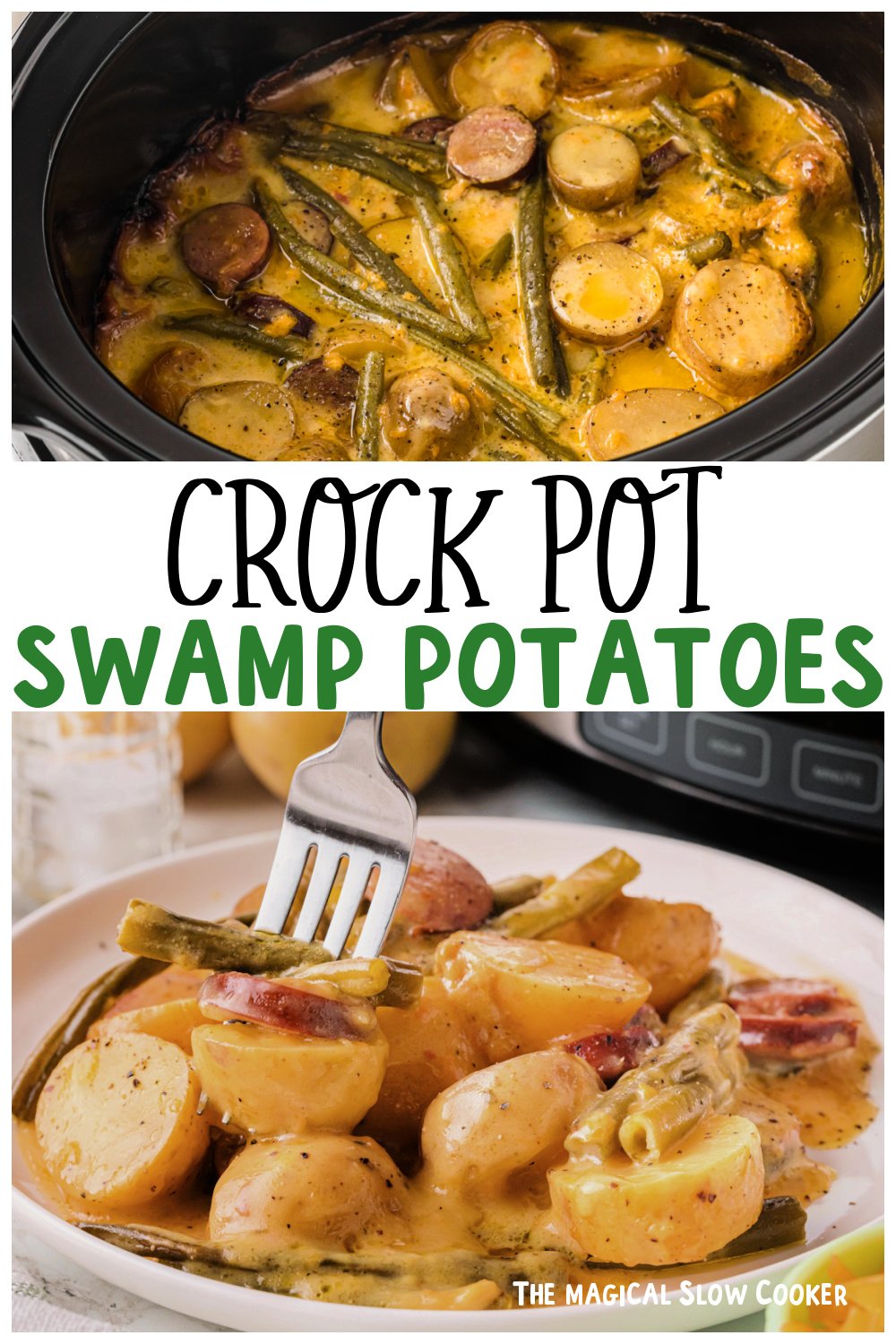 Two images of swamp potatoes, one in a crockpot and one on a plate for pinterest.