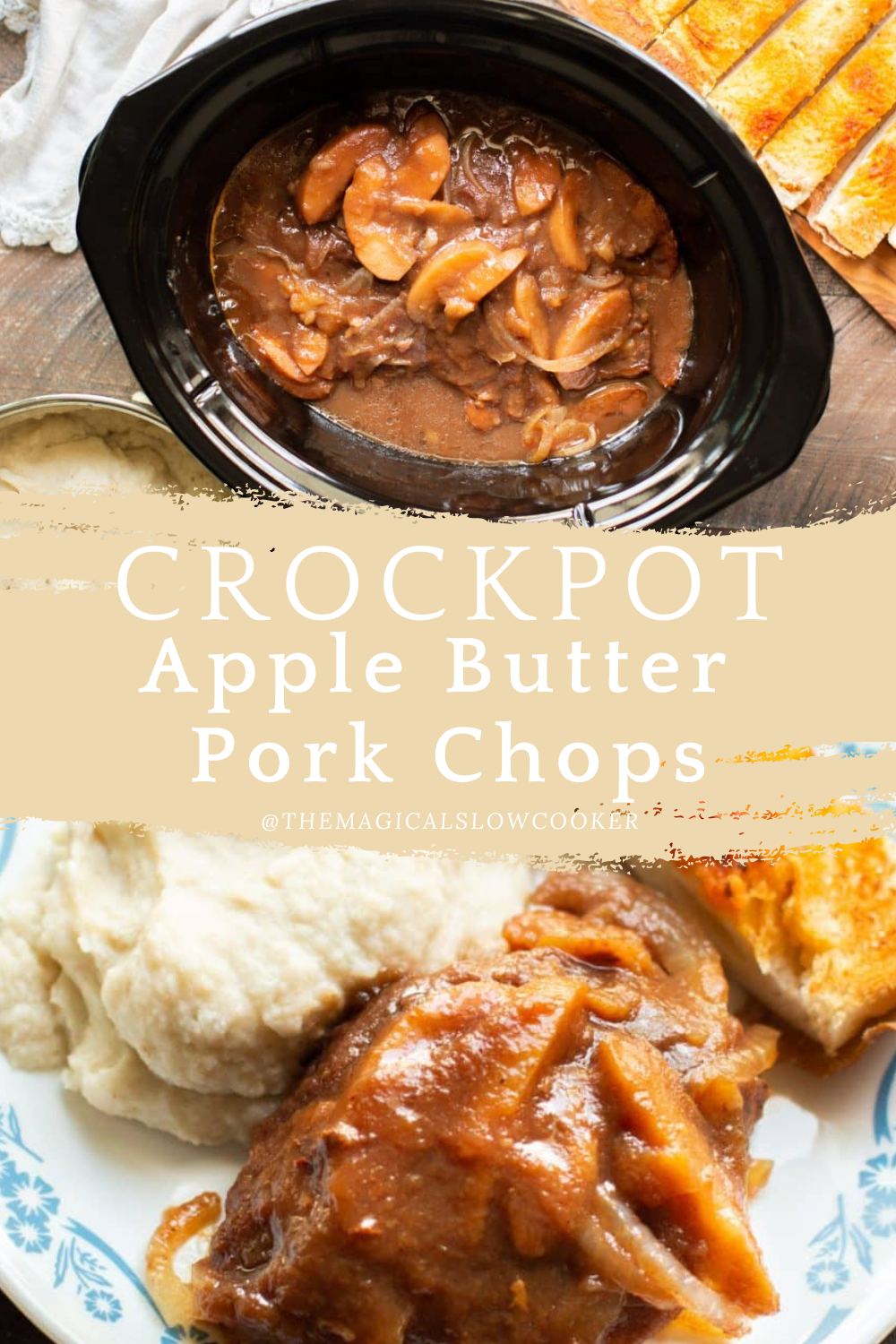 apple butter pork chops in a slow cooker and on a plate.