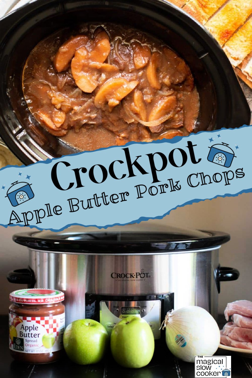 2 images of apple butter pork chops for pinterest.