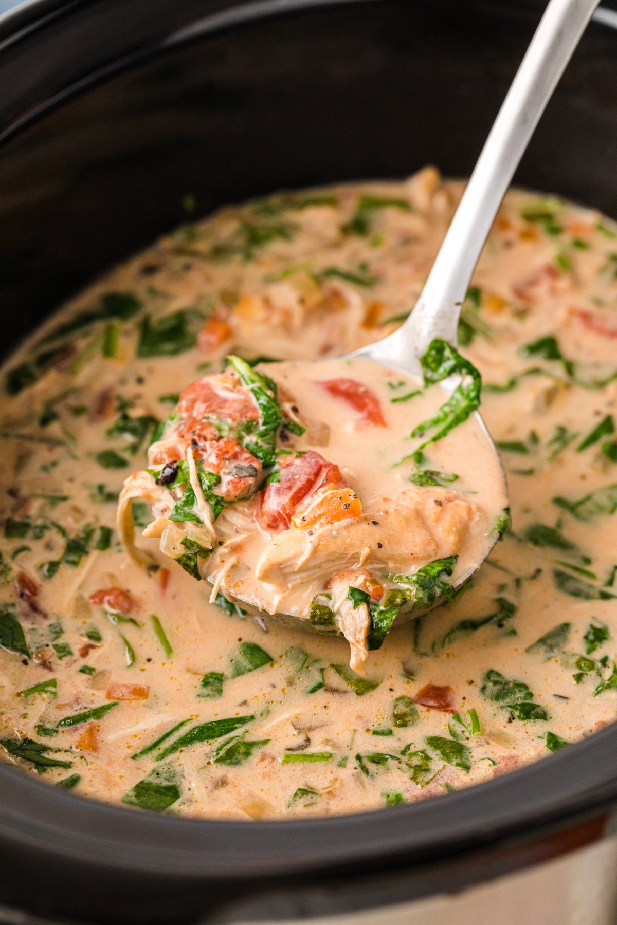A ladle of mama leone's chicken soup coming out of a crockpot.