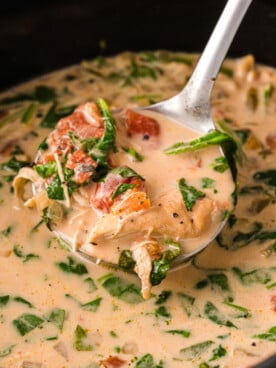 A ladle scooping soup from a slow cooker.
