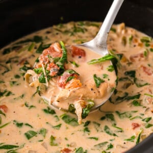 A ladle scooping soup from a slow cooker.
