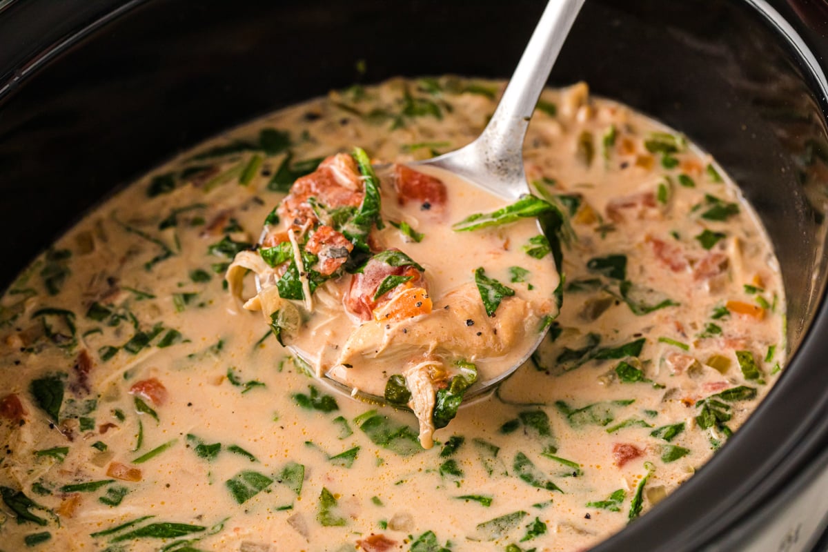 A ladle scooping soup from a slow cooker.