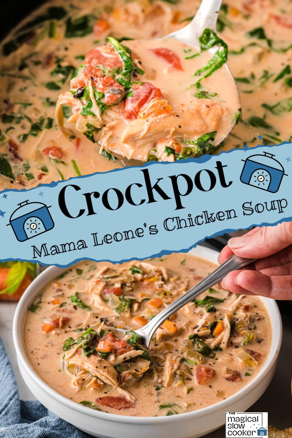 Two images of crockpot mama leone's chicken soup with text title overlay.