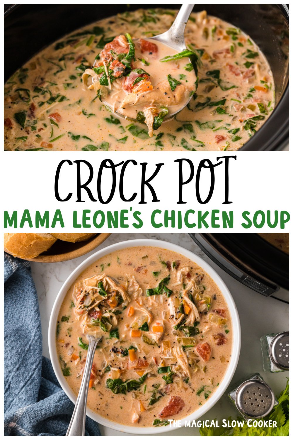 Two images of mama leone's chicken soup for pinterest.