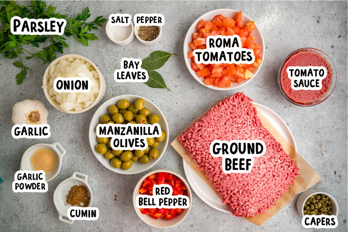 ingredeints for cuban picadillo on a table with text overlays.