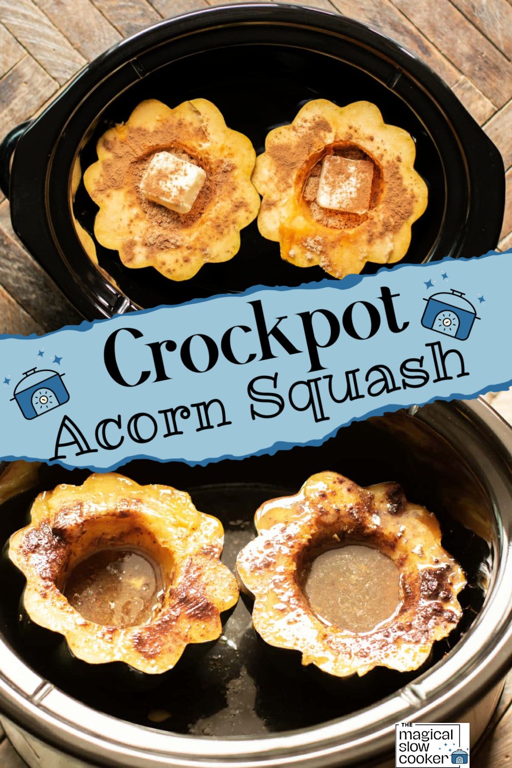 2 images of acorn squash in a slow cooker.