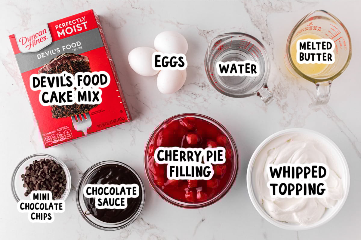 Ingredients for black forest cake on a table.