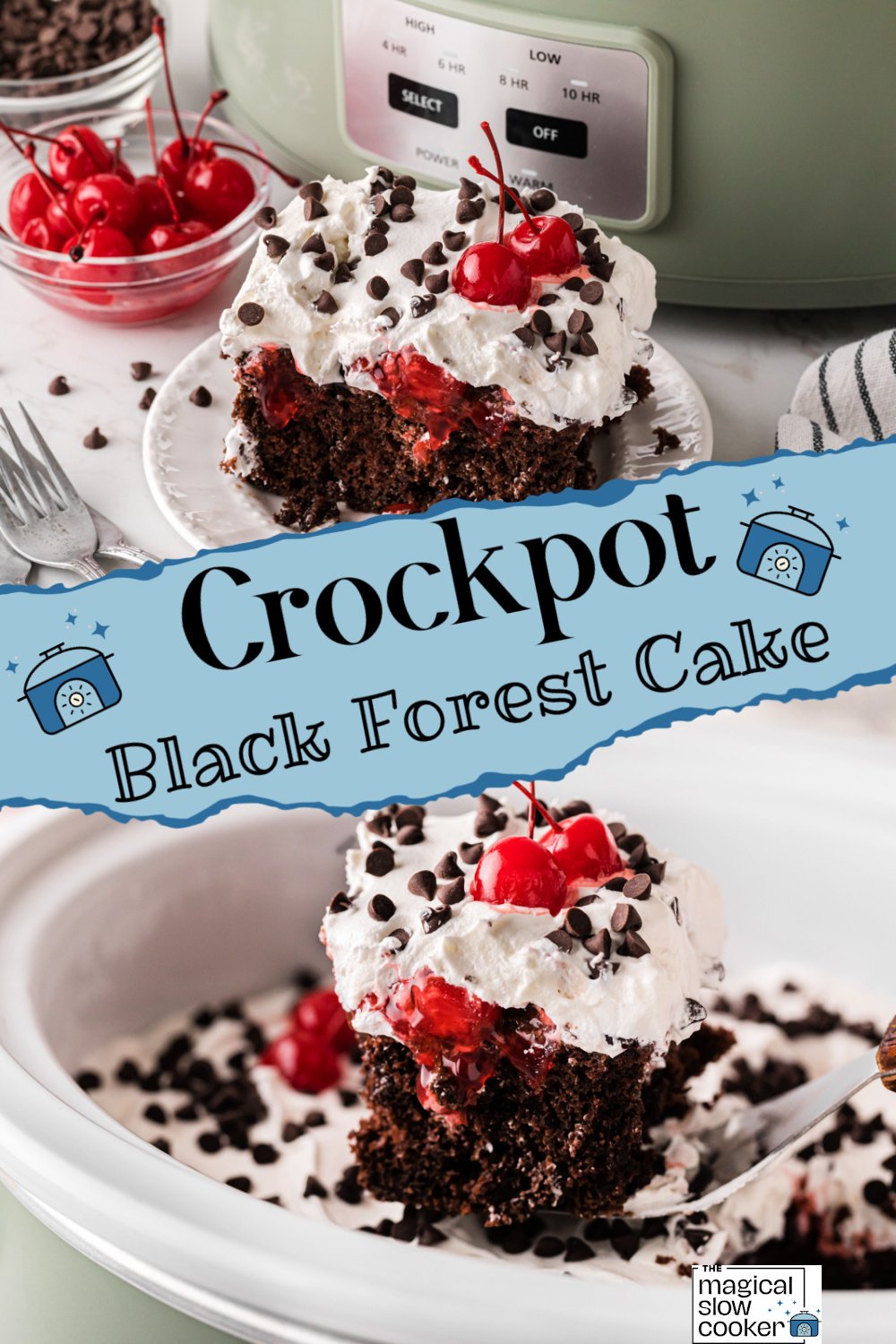 Two images of crockpot black forest cake with title text overlay.