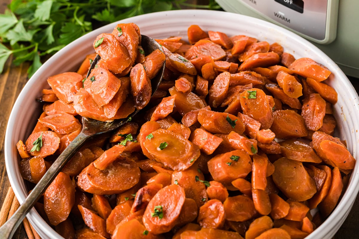 Close-up of brown sugar carrots in a white bowl