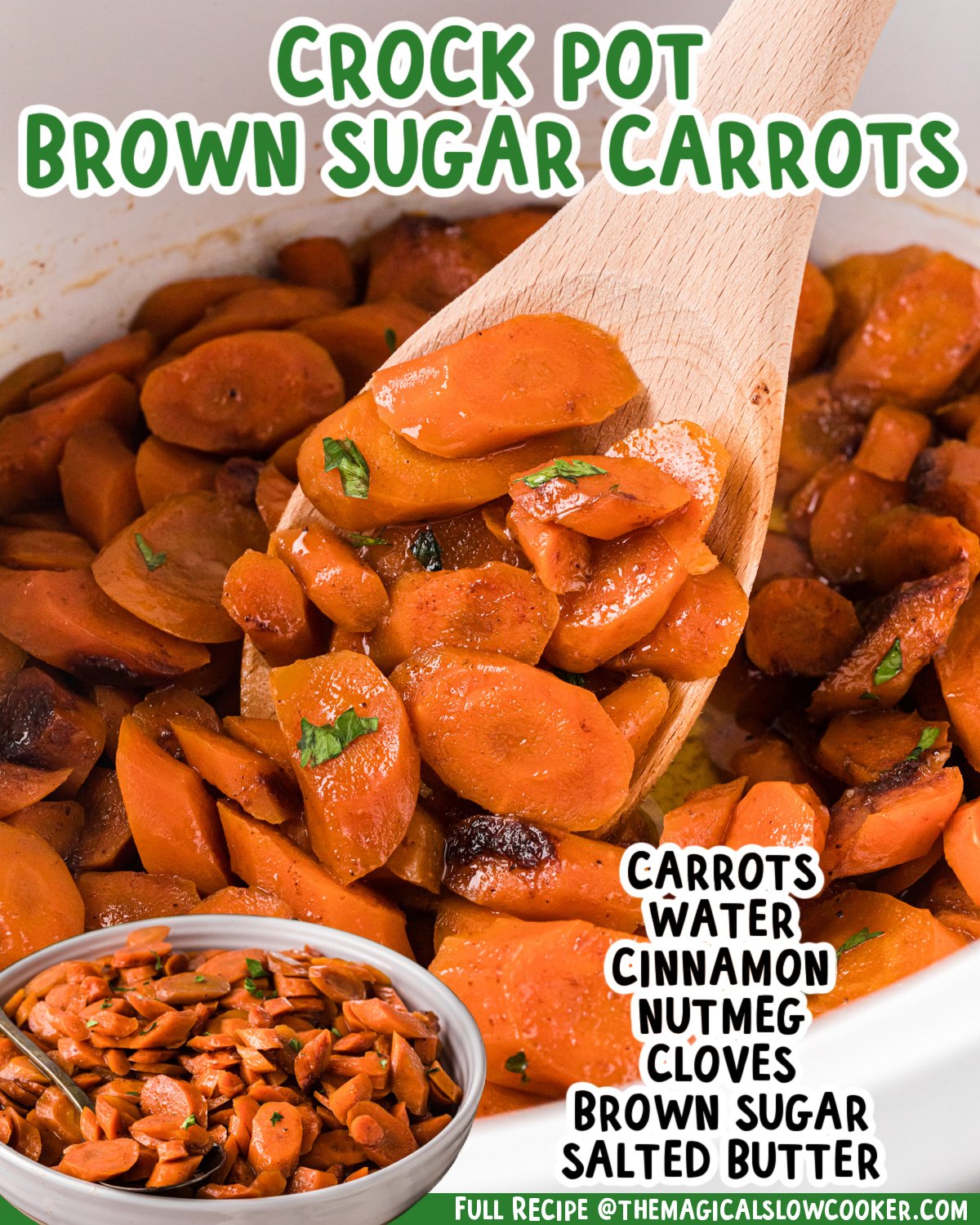 Two images of brown sugar carrots with text list of ingredients.