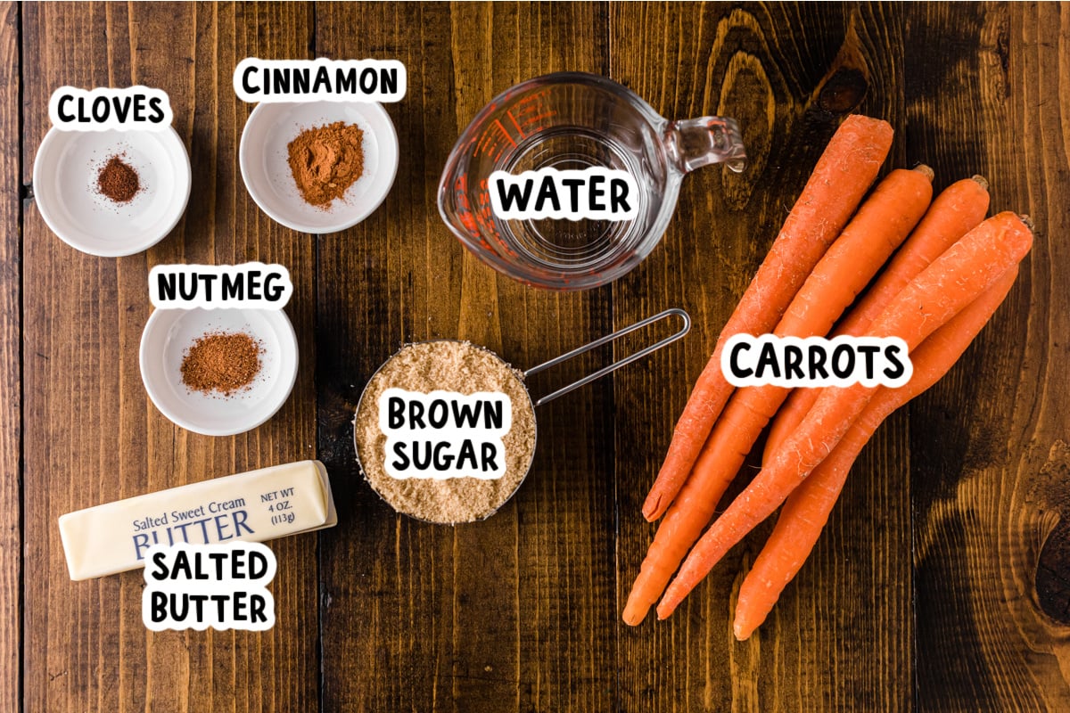 Ingredients for making brown sugar carrots on a table.