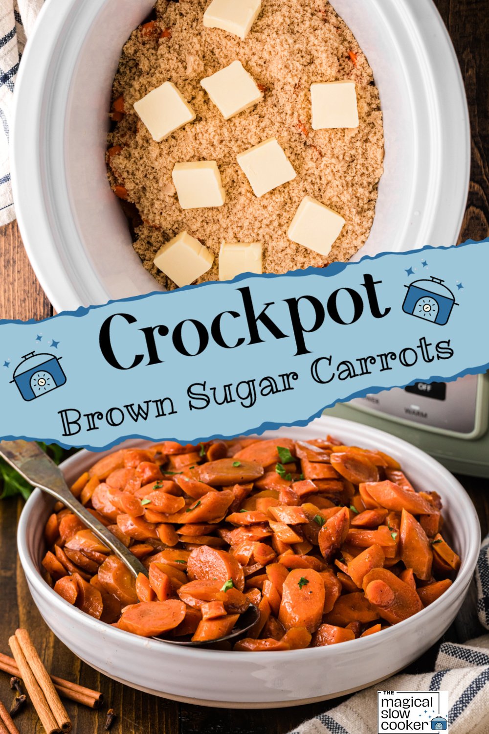 Two images of crockpot brown sugar carrots with title text overlay.