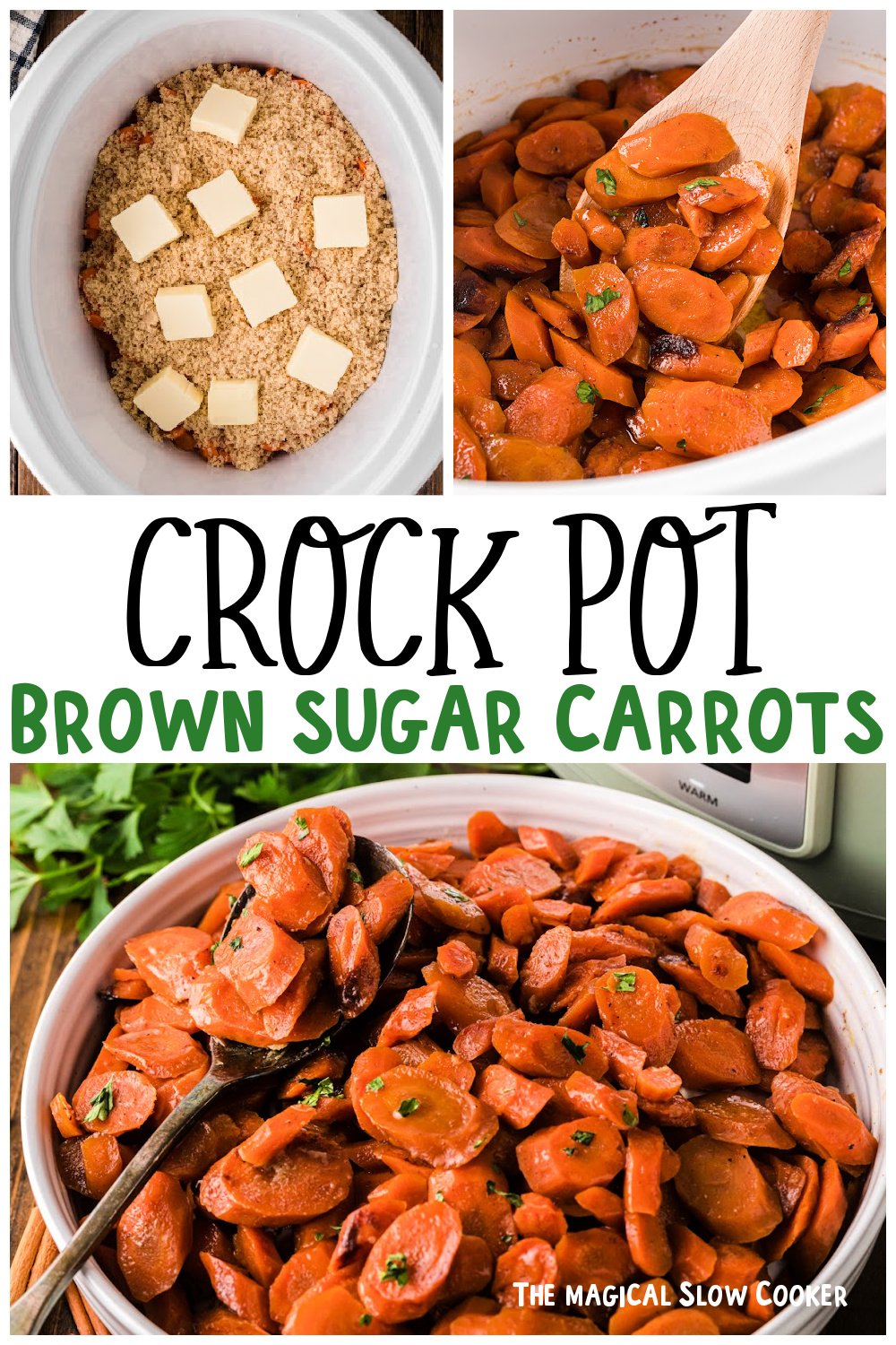 Three images of brown sugar carrots for pinterest.