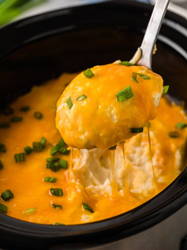 A spoon pulling cheesy mashed potatoes out of a crockpot.