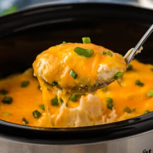 Mashed potatoes in a crockpot being scooped out with a large spoon.