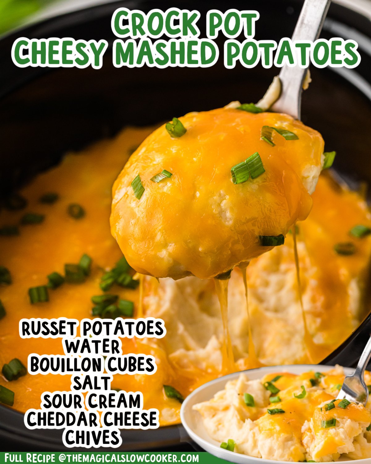 Two images of cheesy mashed potatoes with text list of ingredients.