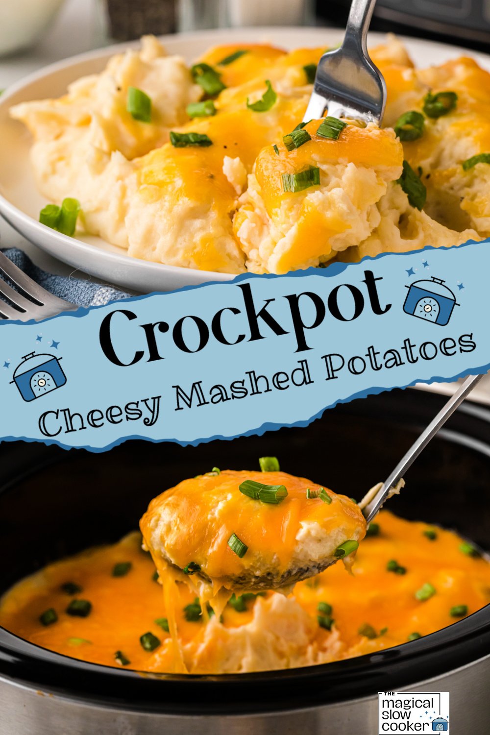 Two images of slow cooker cheesy mashed potatoes with title text overlay.