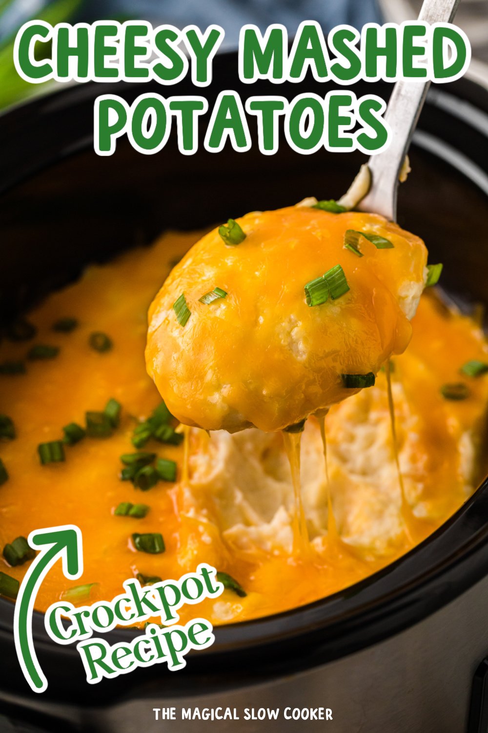 Long image of cheesy mashed potatoes with text overlay.