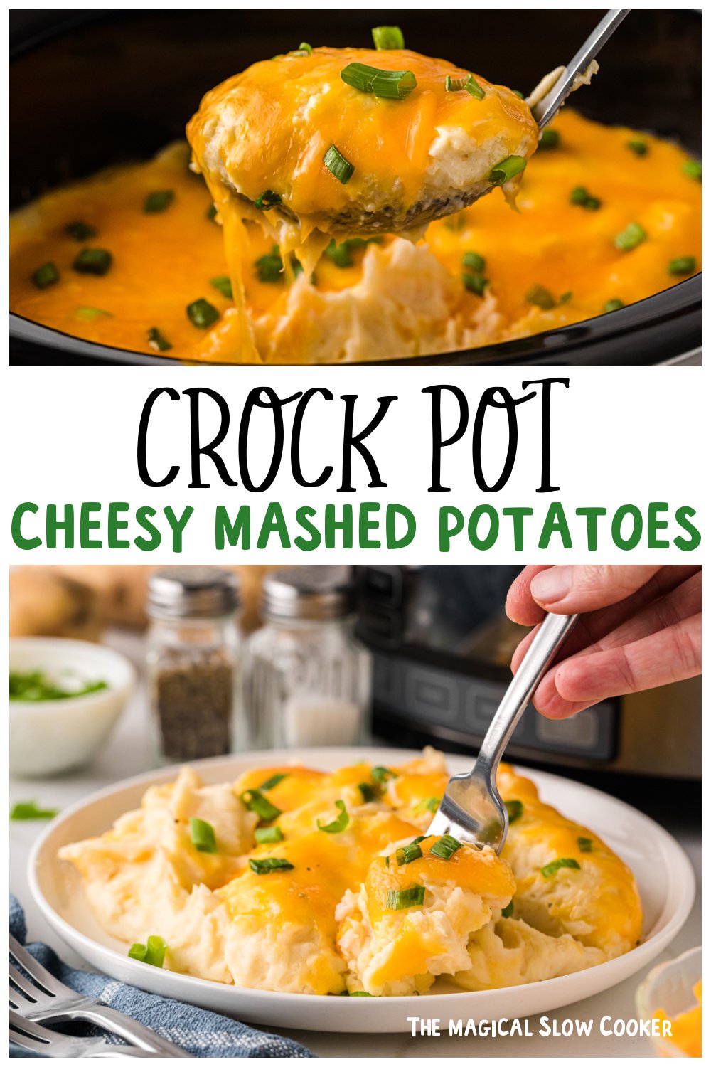 Two images of crockpot cheesy mashed potatoes for pinterest.