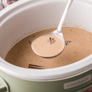 A ladle filled with spiced coffee over a crockpot.