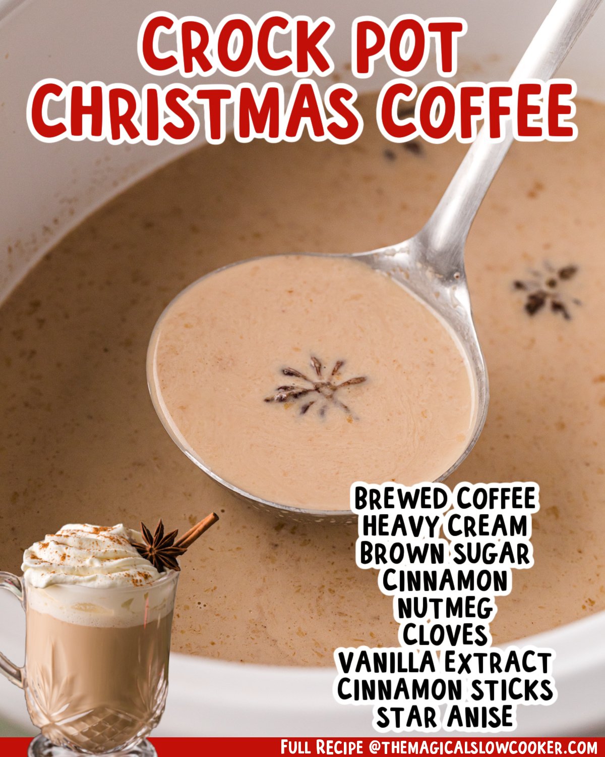 Two images of slow cooker Christmas coffee with text list of ingredients.
