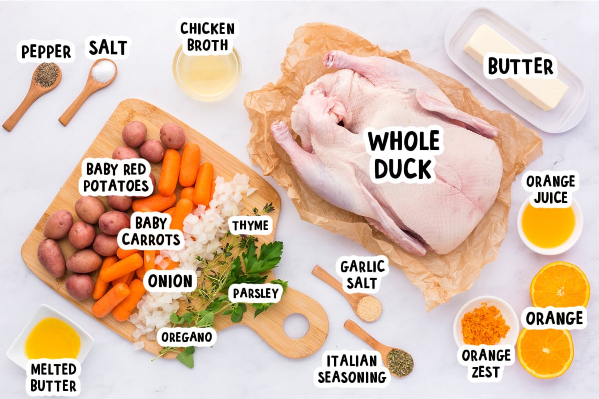 Ingredients for making duck in a slow cooker on a table.
