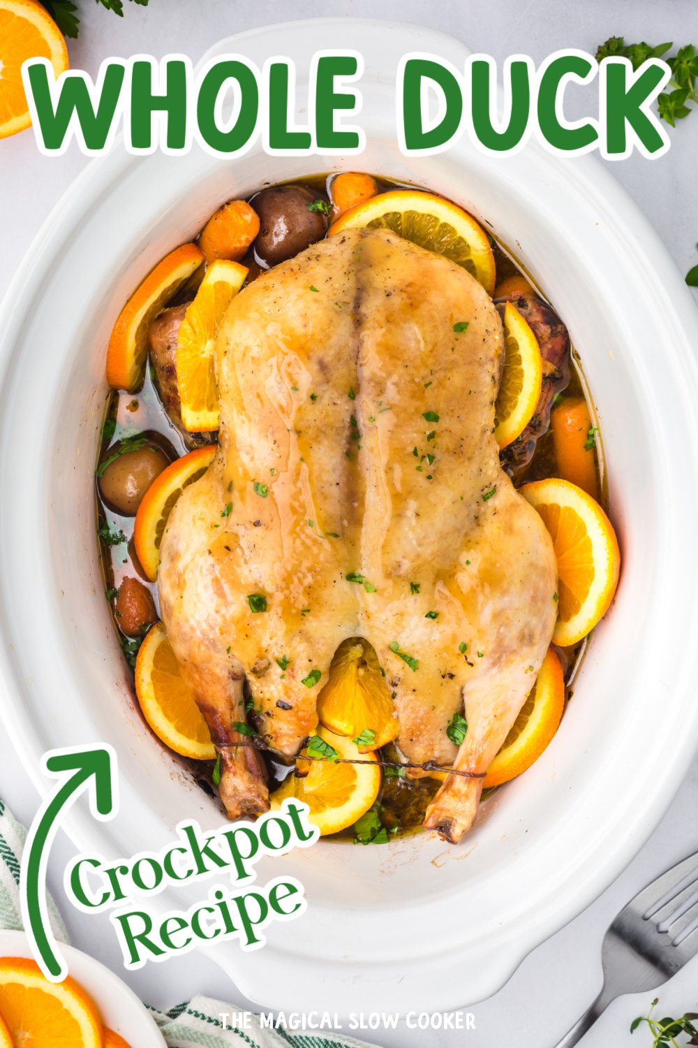 Long image of slow cooker duck with text overlay.
