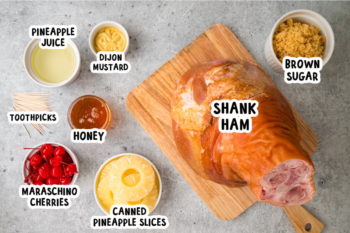 Ingredients for making crockpot holiday ham on a table.