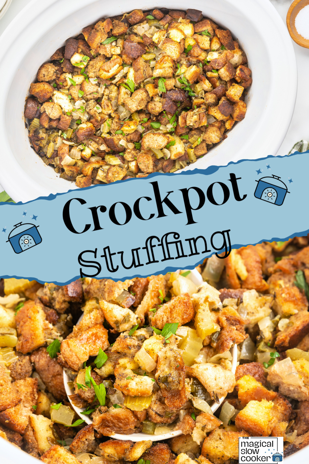 2 images of stuffing in a slow cooker.