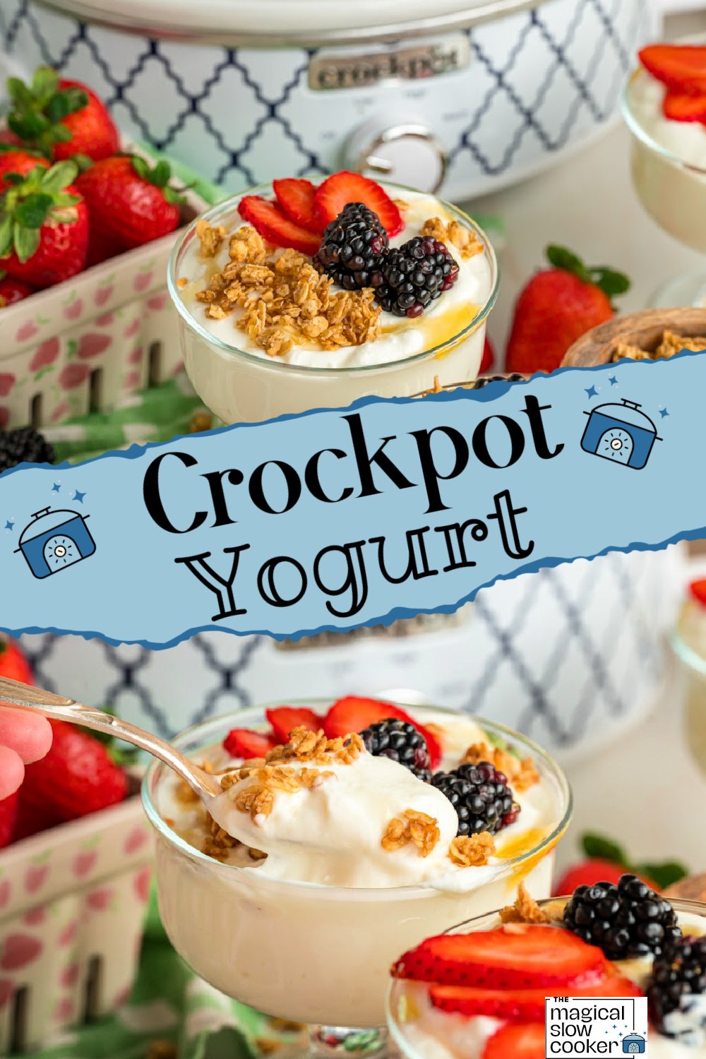 2 images of yougurt in front of a slow cooker.