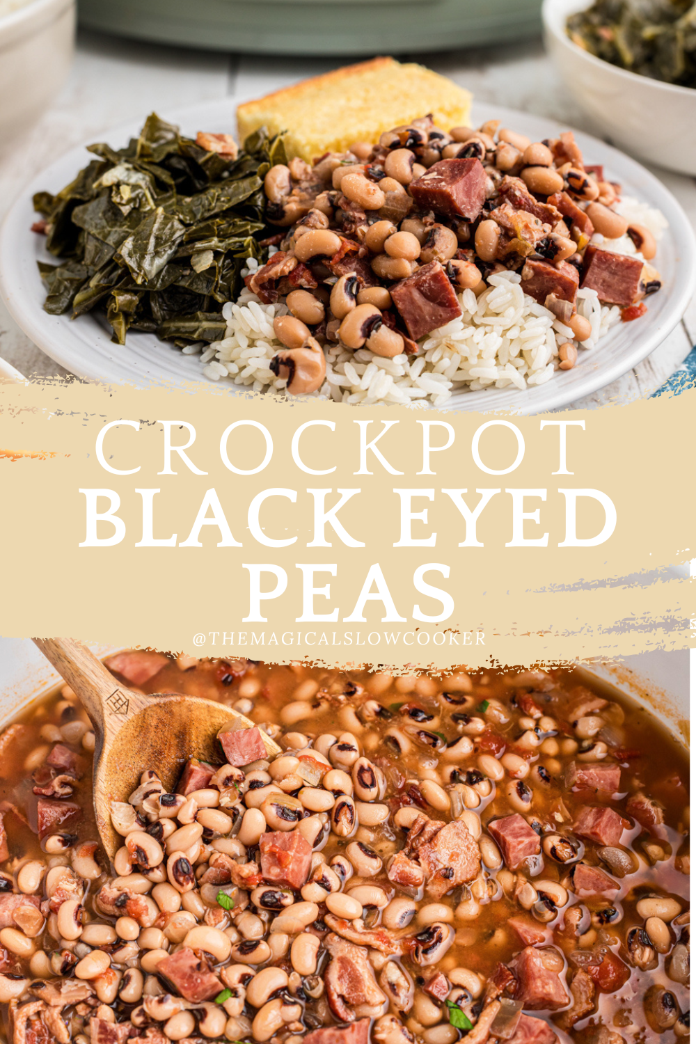 black eyed peas on a plate and in a slow cooker.