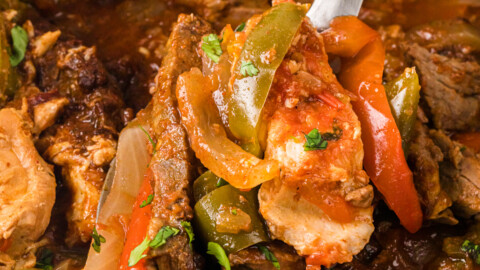A spoon holding a scoop of chicken and steak fajita mixture.