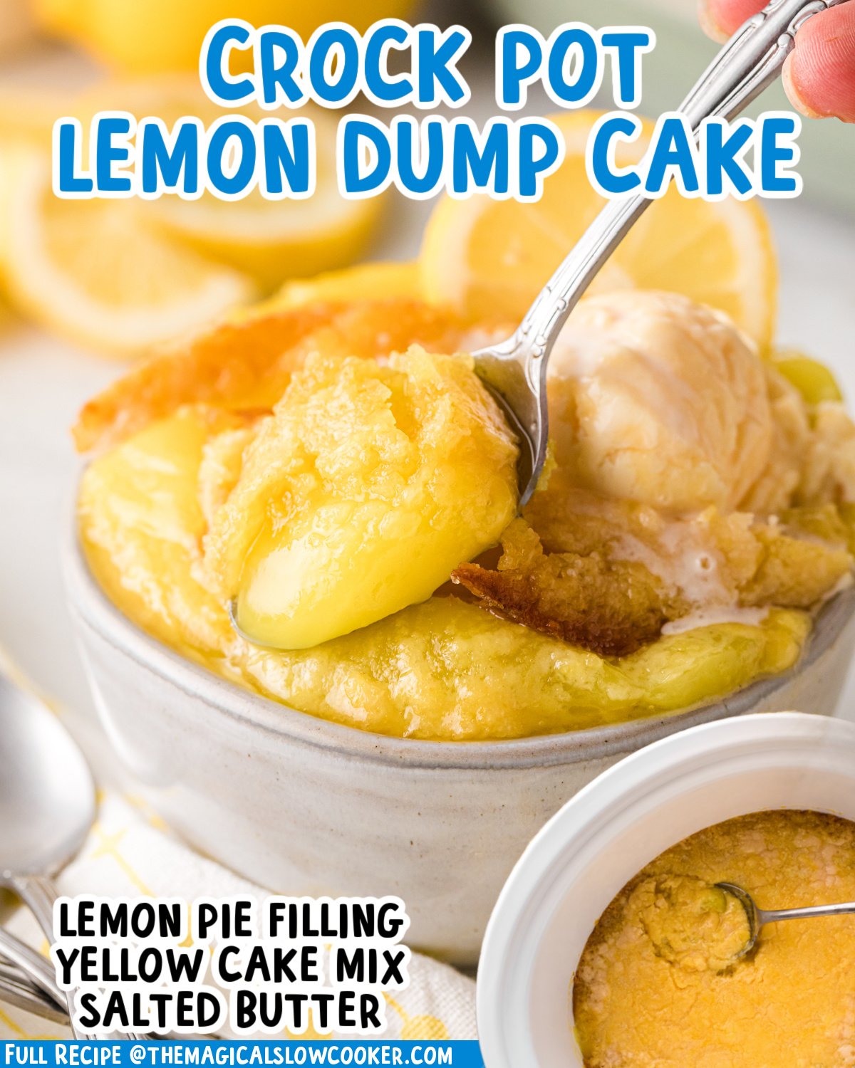 Two images of lemon dump cake with text list of ingredients.