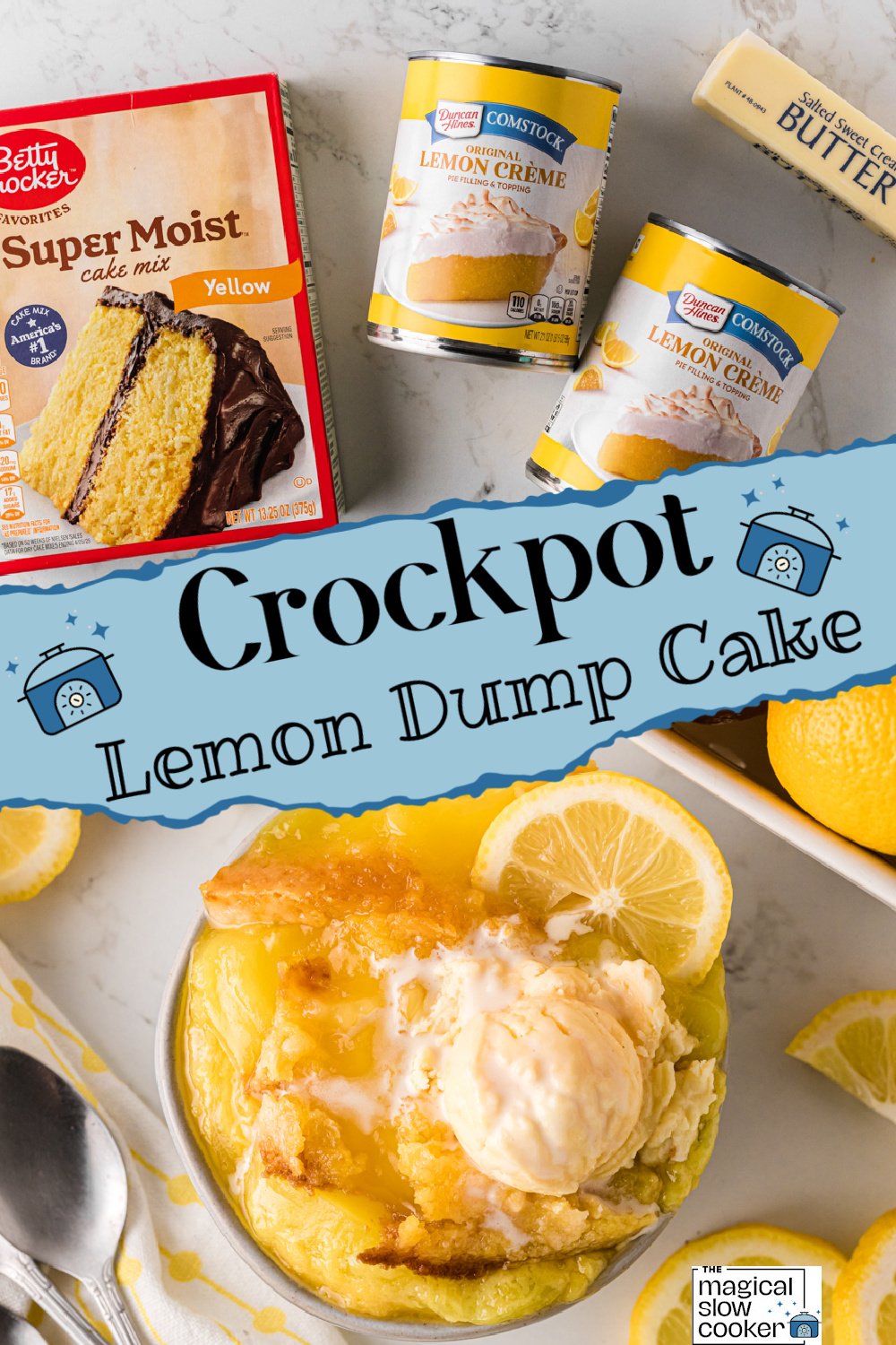 Two images of crockpot lemon dump cake with title text overlay.